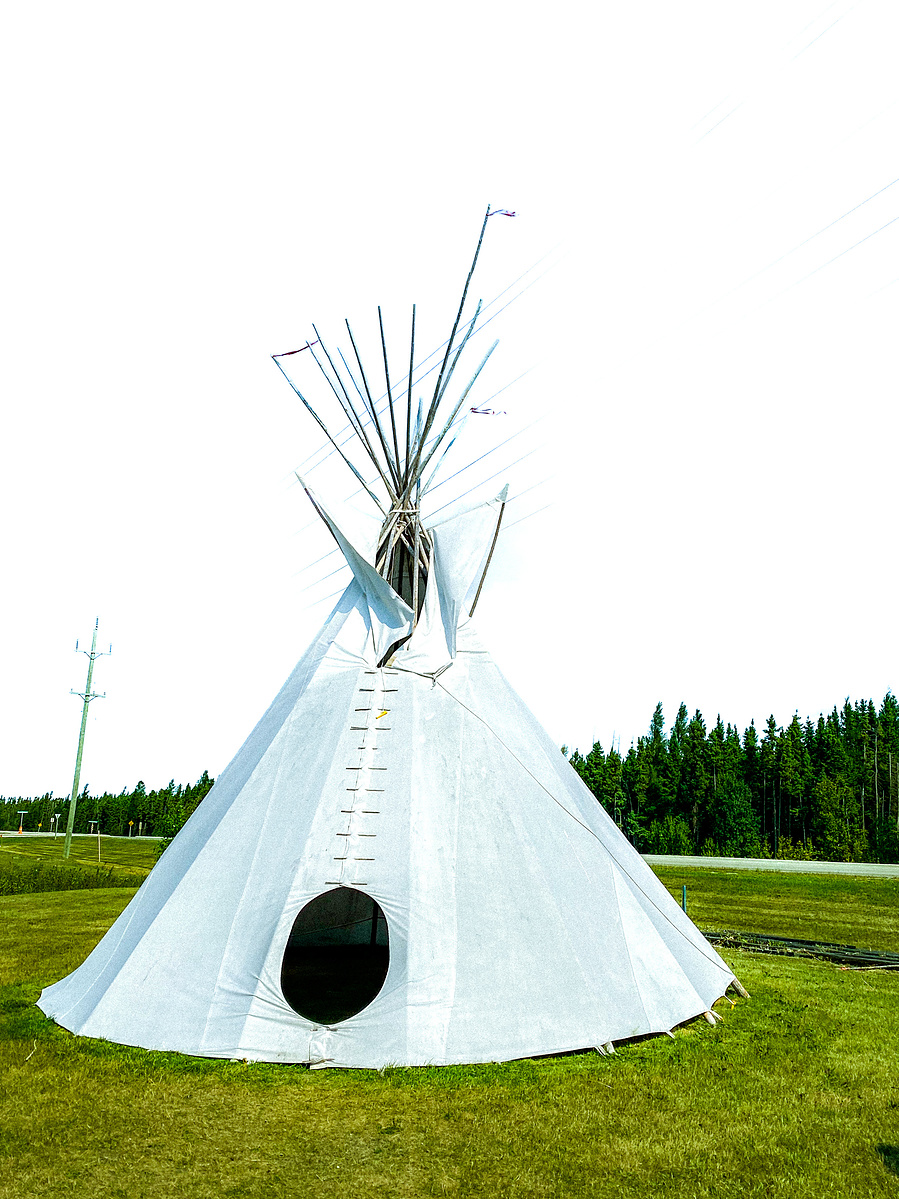 White tipi on green grass in front of a treeline